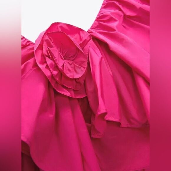 ZARA WOMEN ASYMMETRIC RUFFLED TOP FUCHSIA FLOWER VOLUMINOUS, SIZE S - Picture 4 of 11